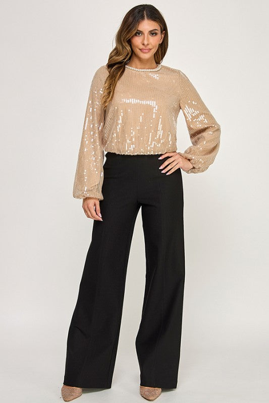 LONG SLEEVE PEARL NECK TRIM BUBBLE HEM SEQUIN BLOUSE