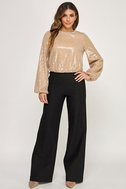LONG SLEEVE PEARL NECK TRIM BUBBLE HEM SEQUIN BLOUSE