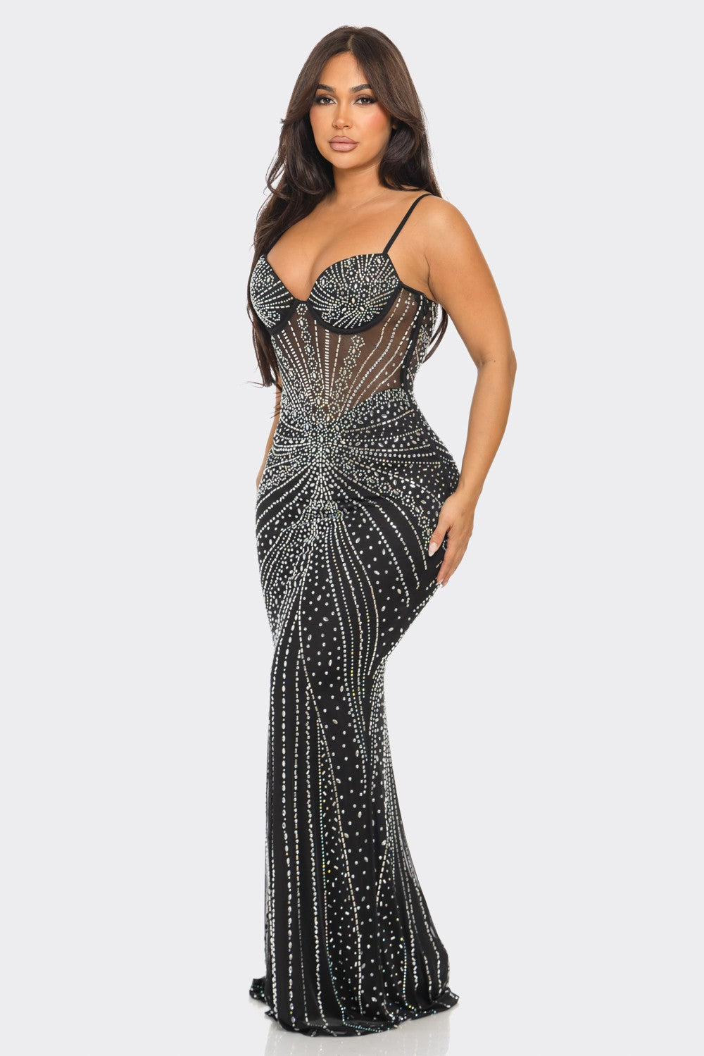 RHINESTONE EMBELLISHED MESH MAXI DRESS