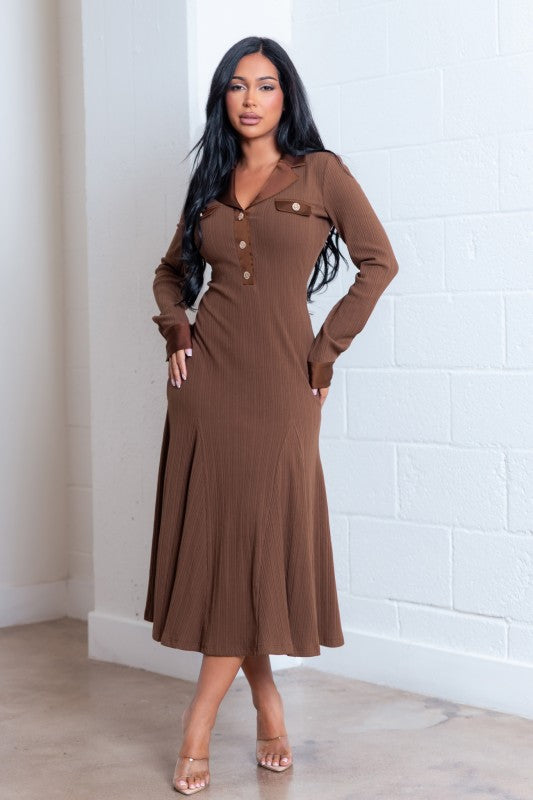 SATIN COLLAR PLEATED MIDI KNIT DRESS