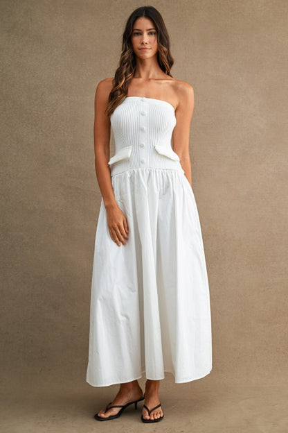 STRAPLESS RIBBED KNIT BODICE POPLIN MIX MAXI DRESS