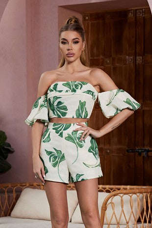 PRINTED CROP TOP SHORT SET