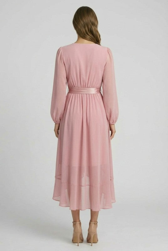 CHIFFON WRAP FRONT LONG SLEEVE HI LO DRESS