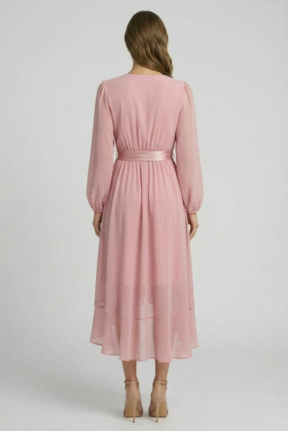 CHIFFON WRAP FRONT LONG SLEEVE HI LO DRESS