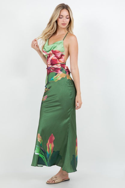 FLORAL PRINTED COWL NECK MAXI SATIN DRESS