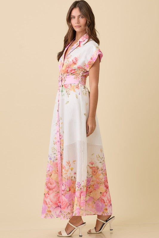 FLORAL LAPEL COLLAR BUTTON DOWN SUMMER MAXI DRESS