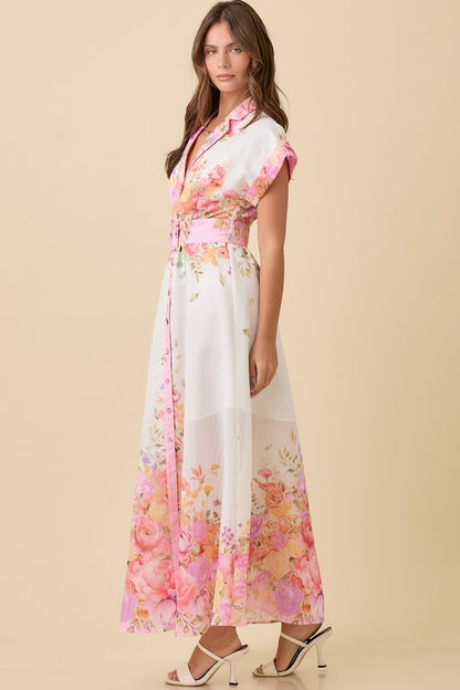 FLORAL LAPEL COLLAR BUTTON DOWN SUMMER MAXI DRESS