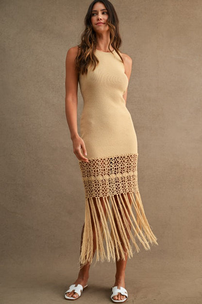 CROCHET FRINGE HEM KNIT MIDI DRESS