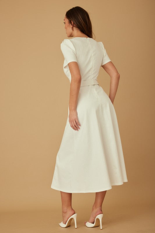 DENIM PUFF SHOULDER MIDI DRESS