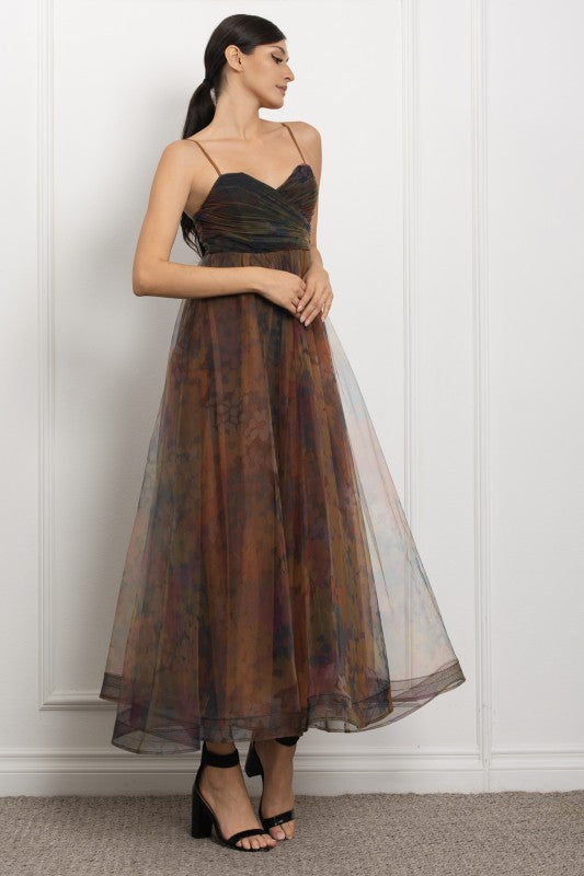 SPAGHETTI SHOULDER CORSET TULLE MAXI PARTY DRESS