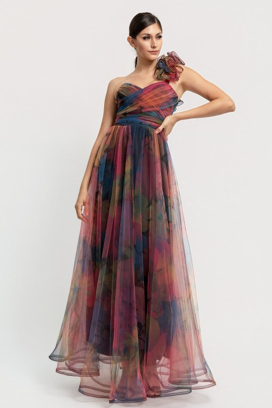 ONE SHOULDER BACK LACE UP FLORAL MESH DRESS