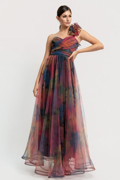 ONE SHOULDER BACK LACE UP FLORAL MESH DRESS