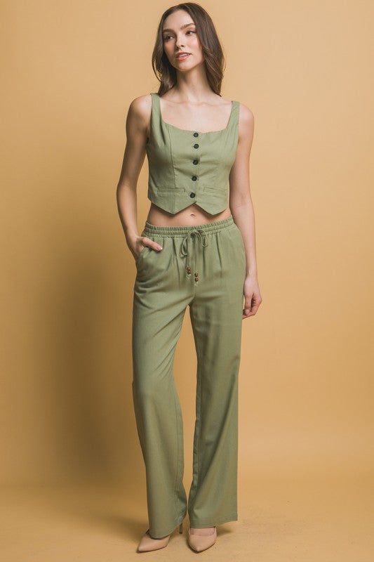 LINEN CROPPED BUTTON-FRONT TOP & PANTS SET