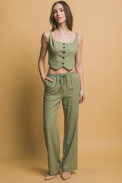 LINEN CROPPED BUTTON-FRONT TOP & PANTS SET