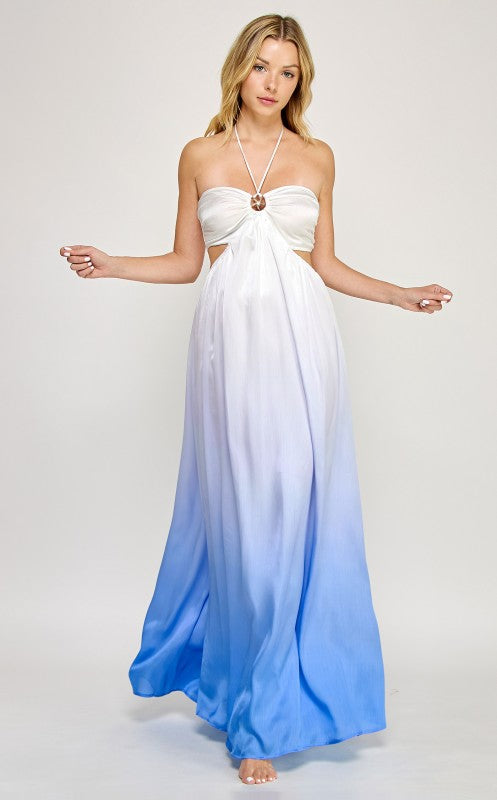 OMBRE STARFISH TRIM HALTER NECK MAXI DRESS
