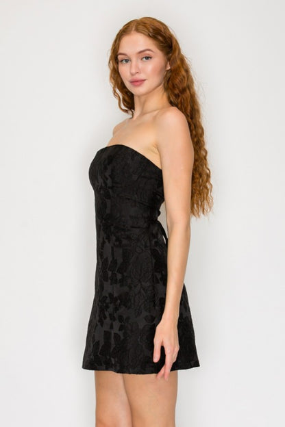 FLORAL JACQUARD STRAPLESS MINI PARTY DRESS