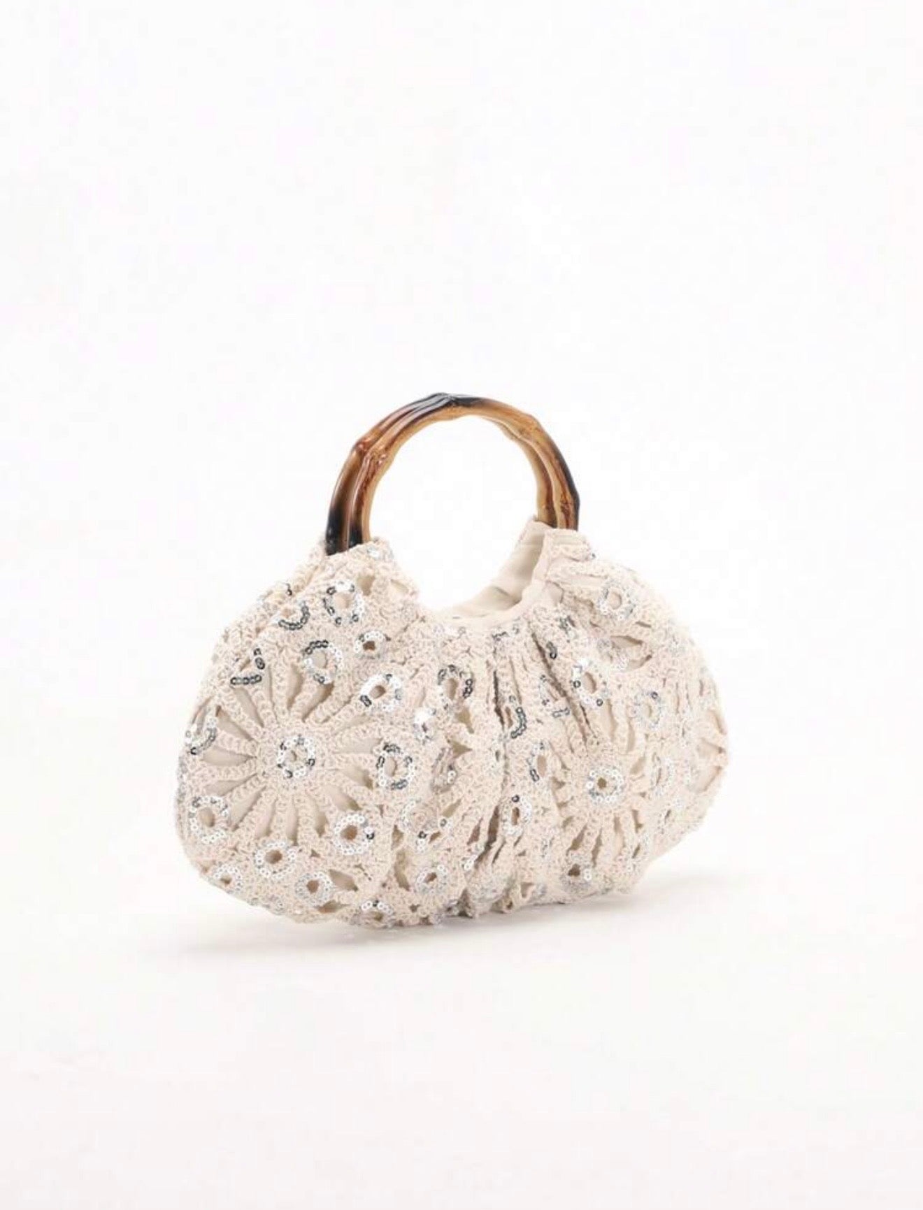 PVC SEQUINS PLEATED CLOUD MESH EMBROIDERED CLUTCH BAG