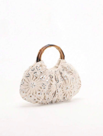 PVC SEQUINS PLEATED CLOUD MESH EMBROIDERED CLUTCH BAG