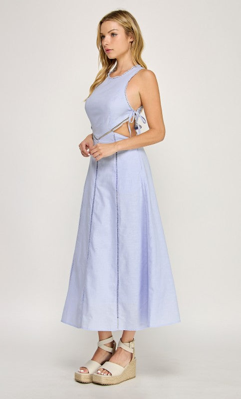 SIDE CUTOUT TIE FINISH LACE TRIM MAXI DRESS