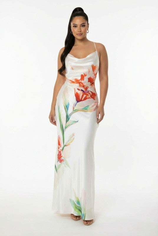 FLORAL PRINTED COWL NECK MAXI SATIN DRESS
