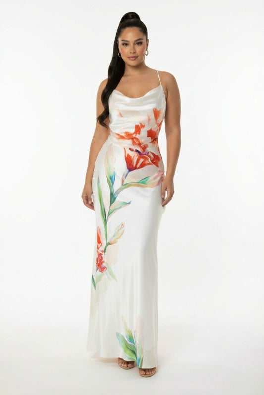 FLORAL PRINTED COWL NECK MAXI SATIN DRESS