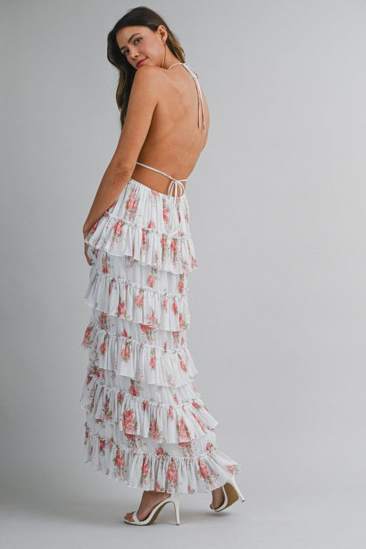 PRINTED FLORAL TIERED MIDI SUMMER DRESS