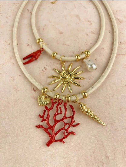 2 PCS CORAL PENDANT NECKLACE WITH LEATHER CORD