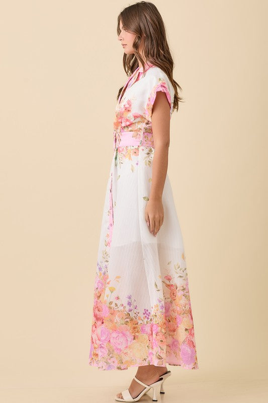FLORAL LAPEL COLLAR BUTTON DOWN SUMMER MAXI DRESS