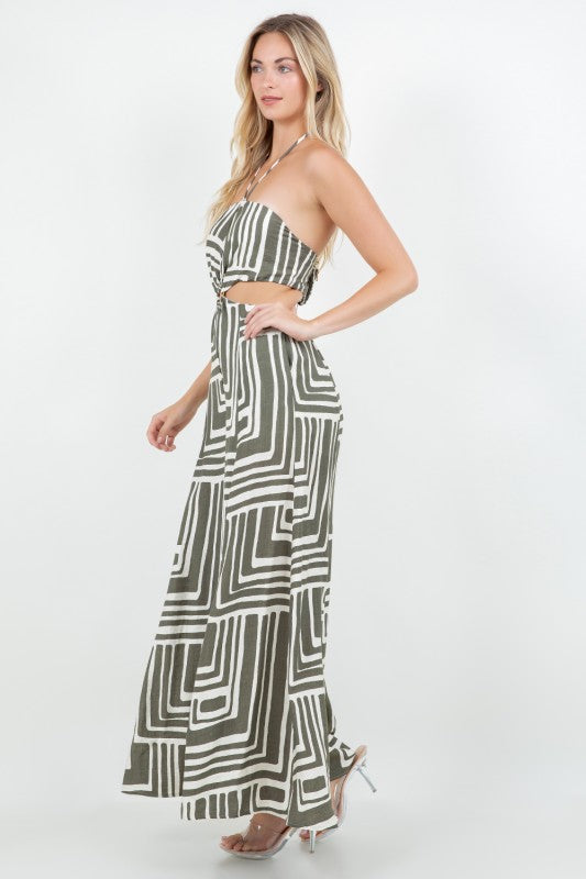 PRINTED HALTER NECK W OPEN BACK CUT OUT JUNPSUIT