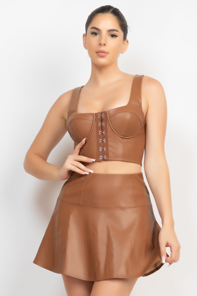 Faux Leather Hook-And-Eye Crop Top