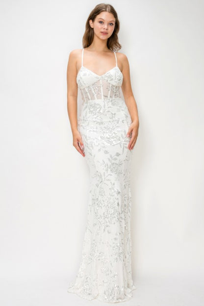 FLORAL SEQUIN MERMAID MAXI COCKTAIL DRESS