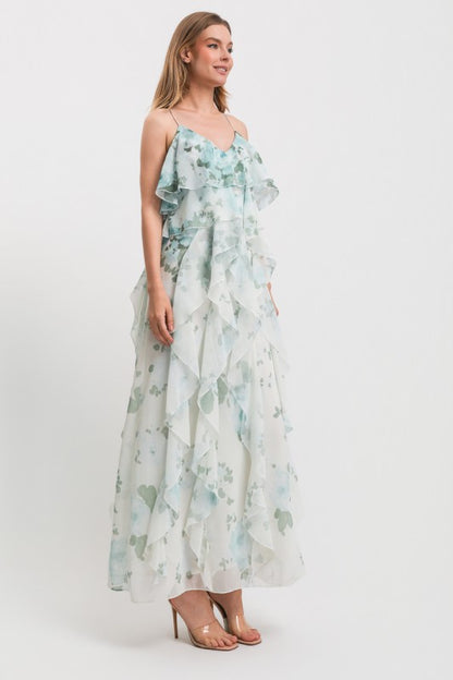 FLOWER PRINT SPAGHETTI STRAP OPEN BACK RUFFLE MAXI DRESS