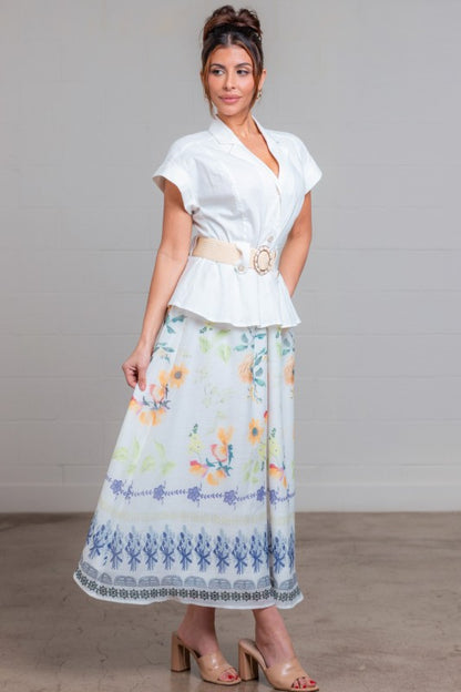 BELTED FLORAL PRINTED MIDI DRESS