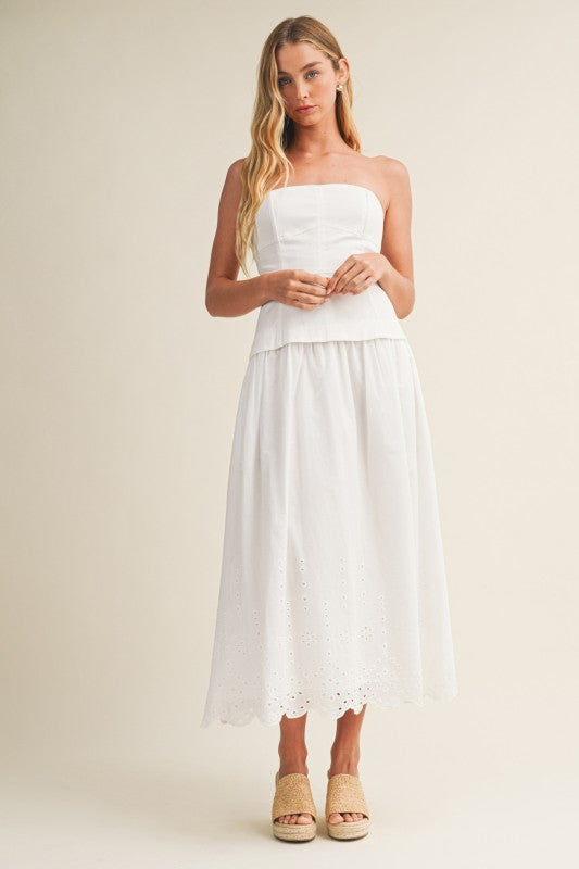 STRAPLESS EYELET SCALLOP HEM TWOFER MIDI DRESS
