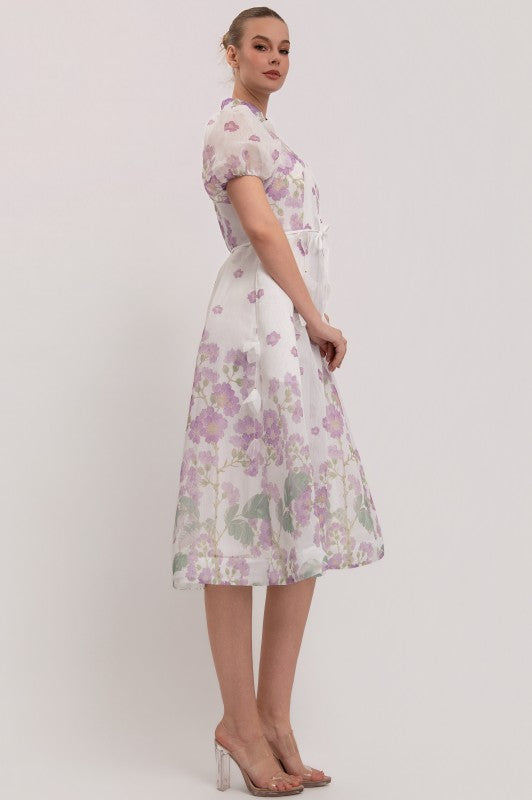 SHORT SLEEVES BUTTON DOWN FLORAL MIDI DRESS
