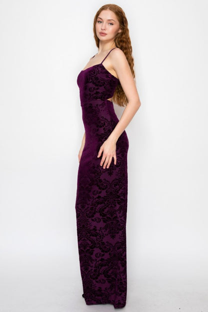 VELOUR FLORAL CROSSED BACK MERMAID MAXI PARTY DRESS