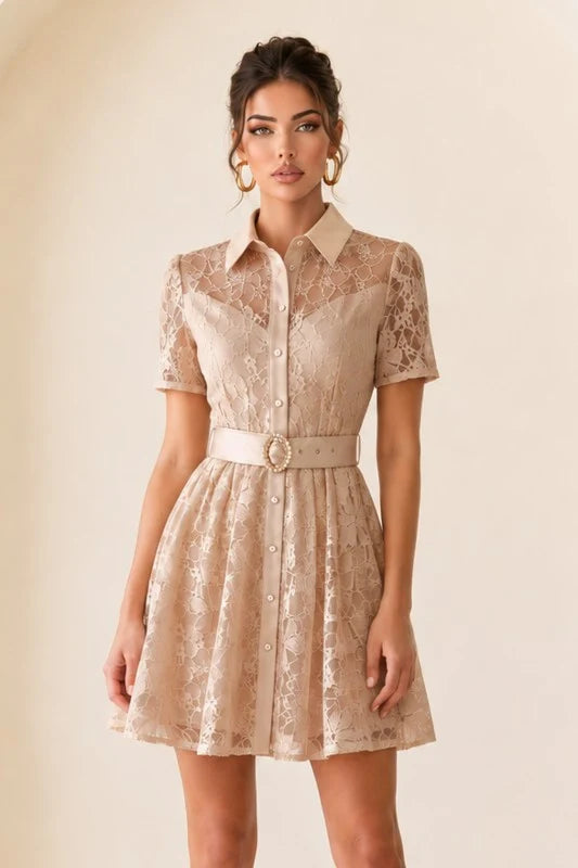 BUTTON DOWN MINI LACE DRESS