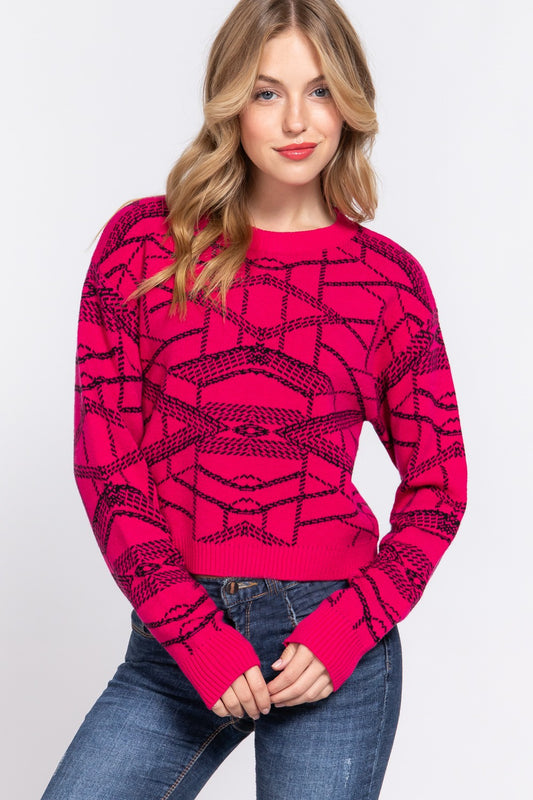 LONG SLV AZTEC PATTERN JACQUARD SWEATER