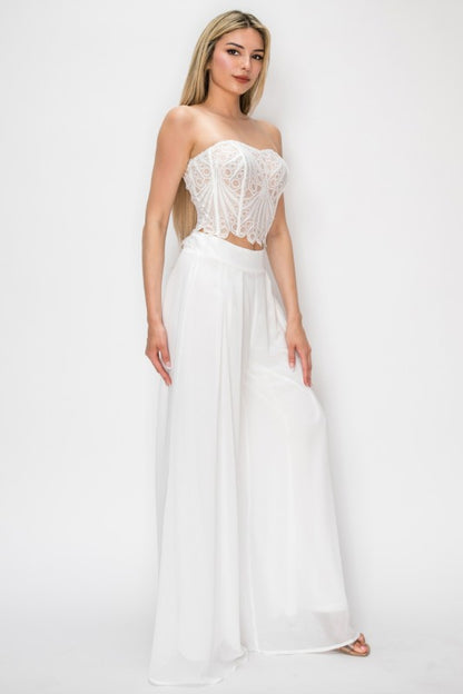 CROCHET CROP TOP WITH CHIFFON WIDE LEG PANTS SET