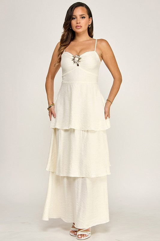 ADJUSTABLE STRAP TIERED MAXI DRESS W GOLD METAL TRIM