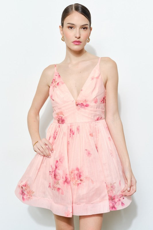 FLORAL ORGANZA V-NECK PRINTED MINI PARTY DRESS
