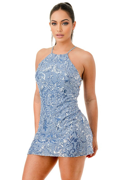 SEQUIN EMBELLISHED HALTER CROSSED BACK MINI DRESS