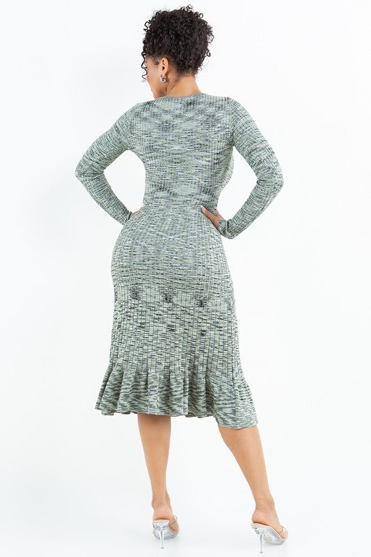 LONG SLEEVED RUFFLE BUTTOM SOACE DYE MIDI DRESS