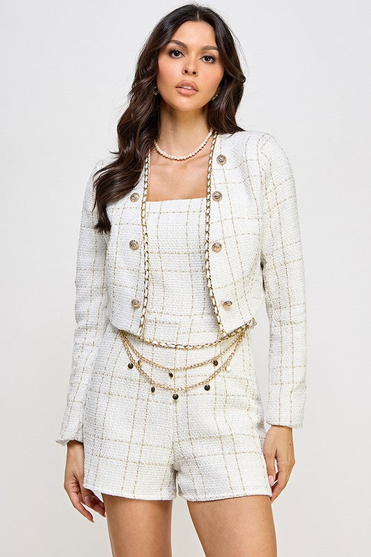 TWEED SWEETHEART NECK GOLD TRIM ROMPER WITH CROP BLAZER SET