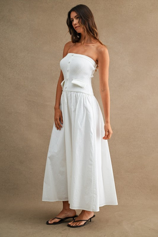 STRAPLESS RIBBED KNIT BODICE POPLIN MIX MAXI DRESS