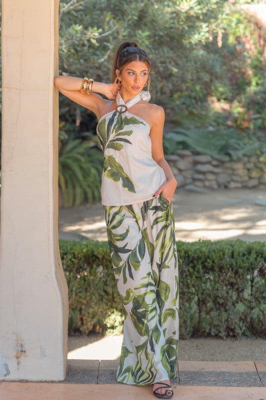 PRINTED HALTER NECK TOP WIDE LEG PANTS SET