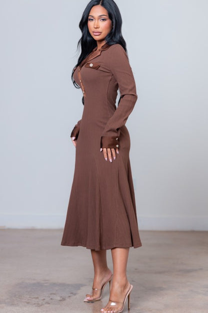 SATIN COLLAR PLEATED MIDI KNIT DRESS