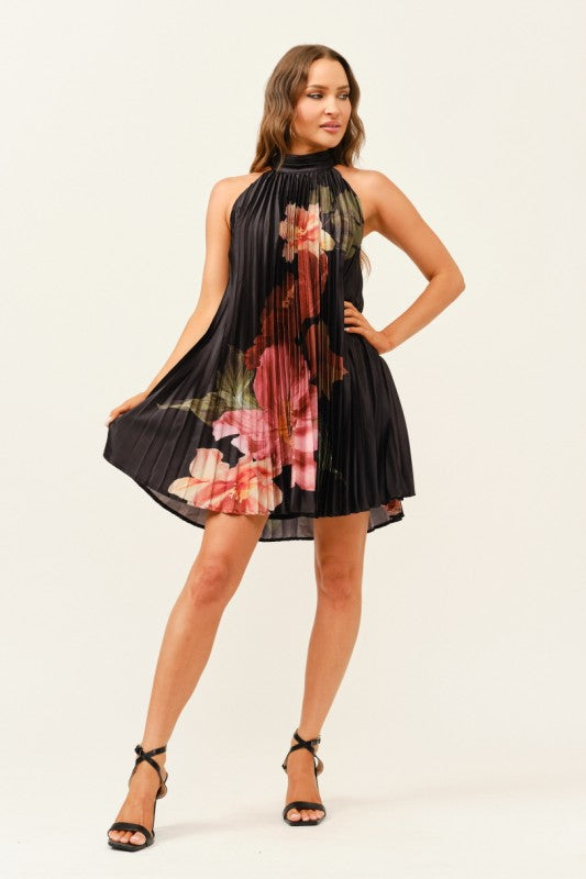 PLEATED HALTER FLORAL MINI DRESS