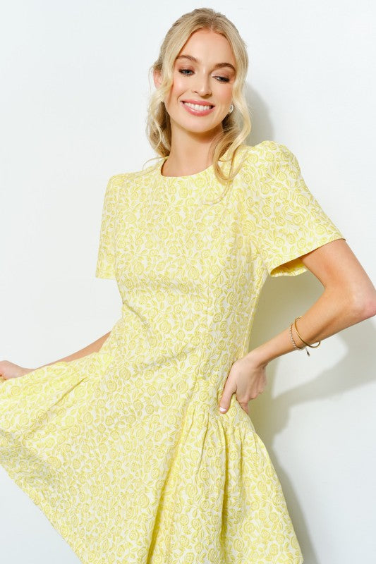 FLORAL JACQUARD FLARE MINI DRESS