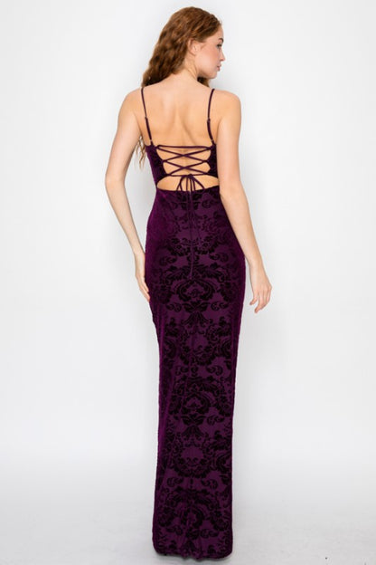 VELOUR FLORAL CROSSED BACK MERMAID MAXI PARTY DRESS